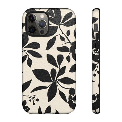 Black Floral Pattern Phone Case — Monochrome Botanical Tough Case
