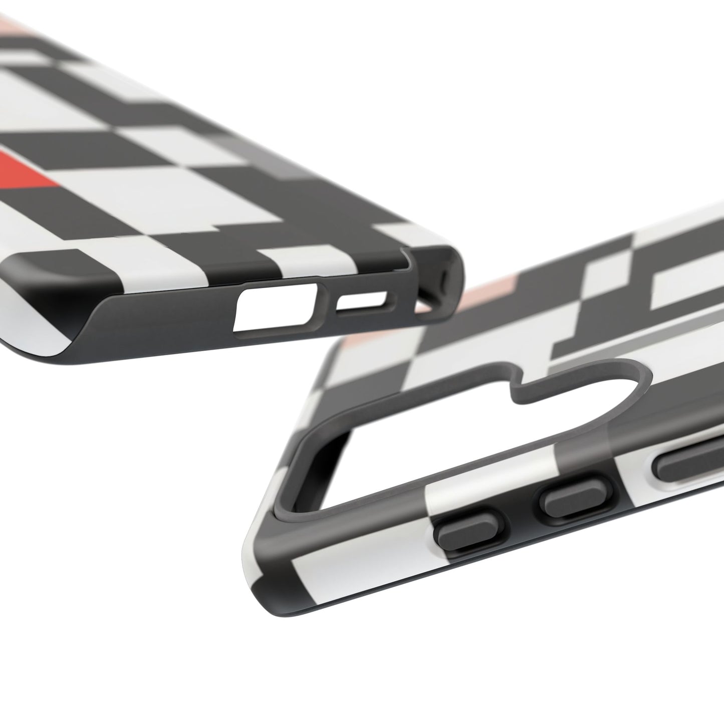 Abstract Geometric Phone Case – Black & White Checker Grid with Red Accent