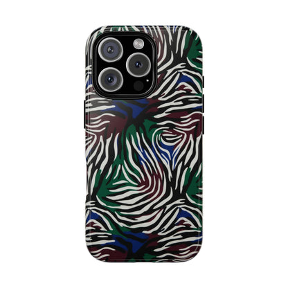 Zebra Camo Tough Phone Case – Green & Blue Animal Print Protective Cover