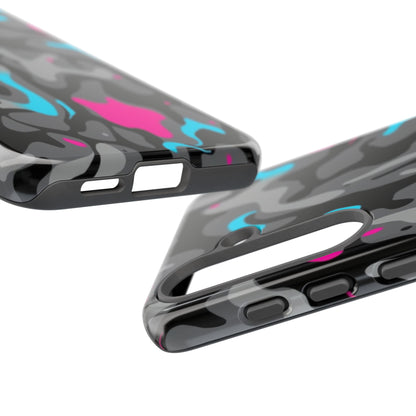 Camouflage Phone Case — Gray Camo with Neon Pink & Cyan Accent Tough Protective Cover
