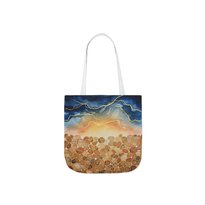 Sunset Pebble Beach Canvas Tote — Artistic Ocean Wave Beach Tote Bag
