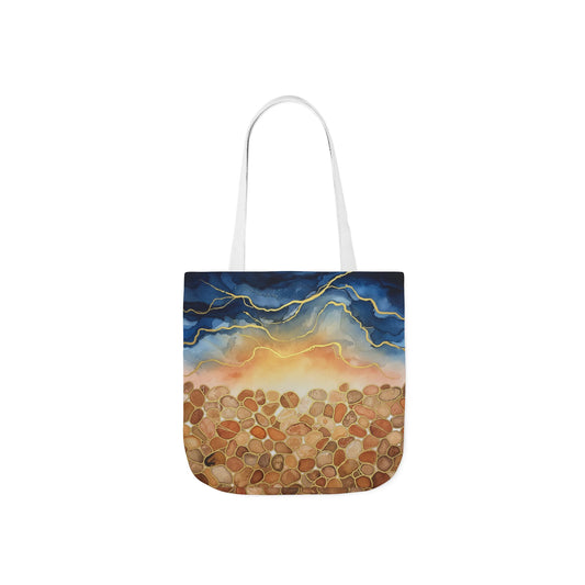 Sunset Pebble Beach Canvas Tote — Artistic Ocean Wave Beach Tote Bag