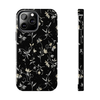 Floral Noir Tough Phone Case — Vintage Black Botanical Protective Cover