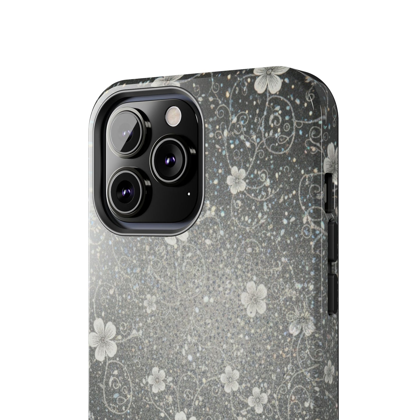 Floral Sparkle Tough Phone Case — Black & Silver Vintage Blossom