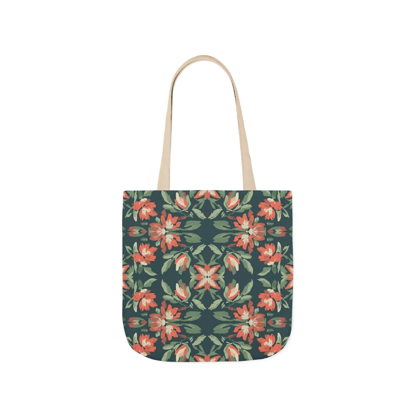 Floral Kaleidoscope Canvas Tote Bag — Green & Coral Patterned Market Tote