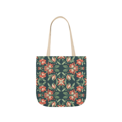 Floral Kaleidoscope Canvas Tote Bag — Green & Coral Patterned Market Tote
