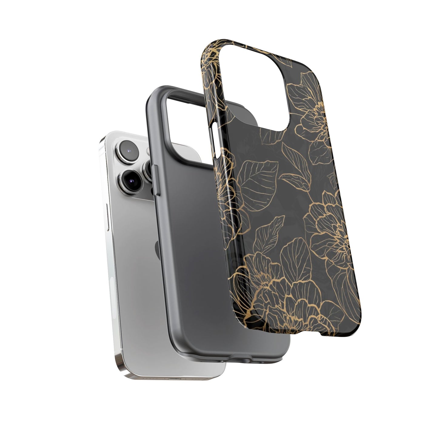 Floral Gold Outline Tough Phone Case – Black Botanical Protective Cover