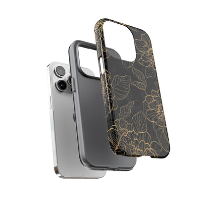 Floral Gold Outline Tough Phone Case – Black Botanical Protective Cover