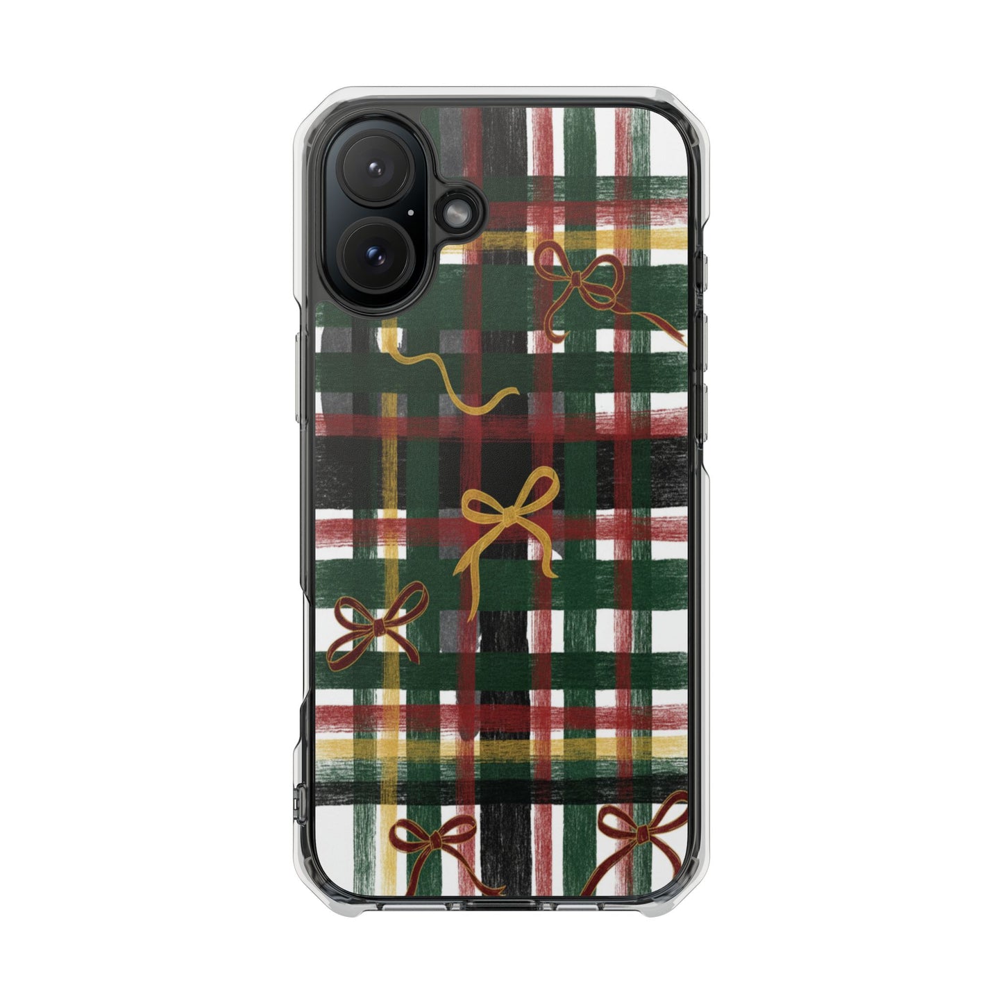 Phone Case - Festive Plaid with Gold Bows Clear Magnetic Impact Case