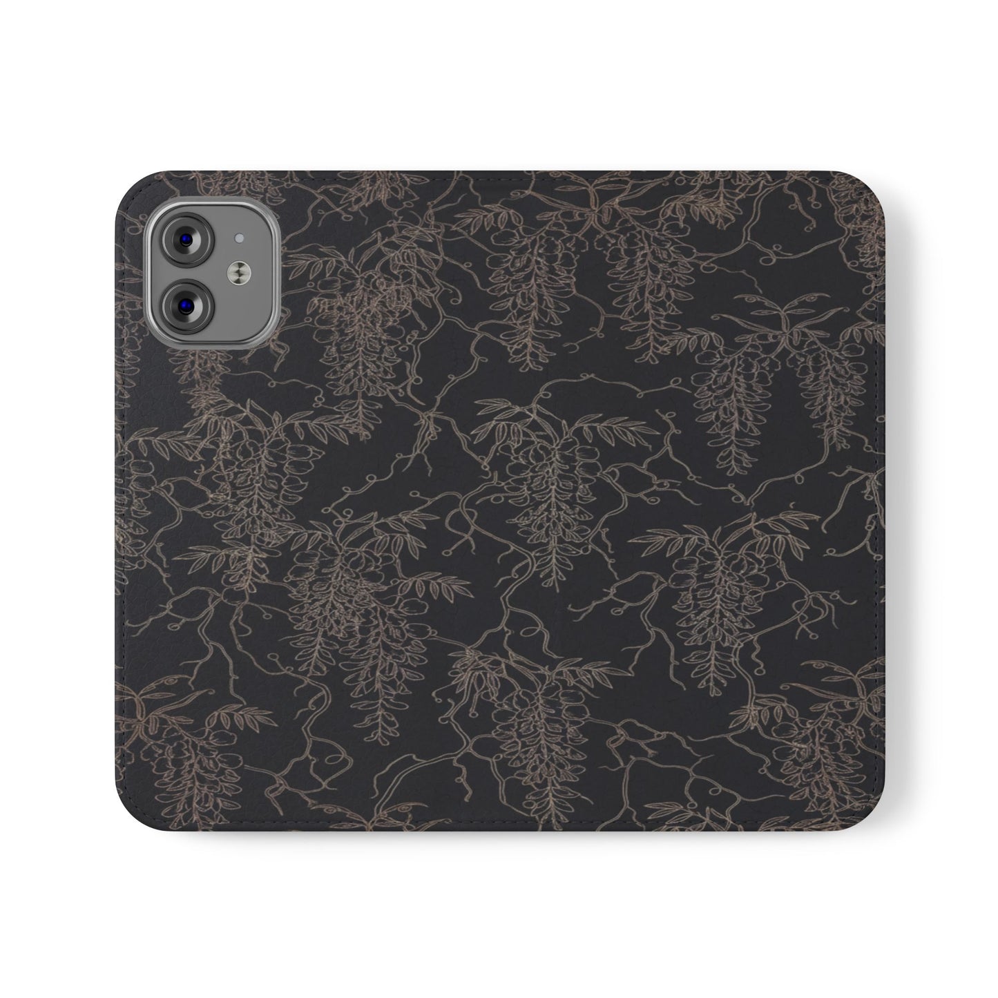 Botanical Noir Flip Phone Case — Dark Floral Wallet Cover with Card Slots