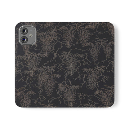Botanical Noir Flip Phone Case — Dark Floral Wallet Cover with Card Slots