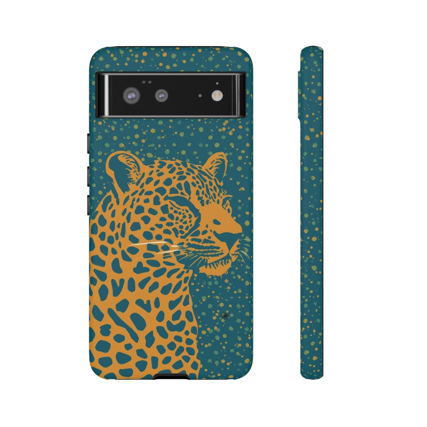Leopard Print Tough Phone Case — Gold Panther on Teal, Protective iPhone Cover