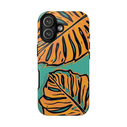 Tropical Leaf Tough Phone Case — Orange Monstera Design on Teal