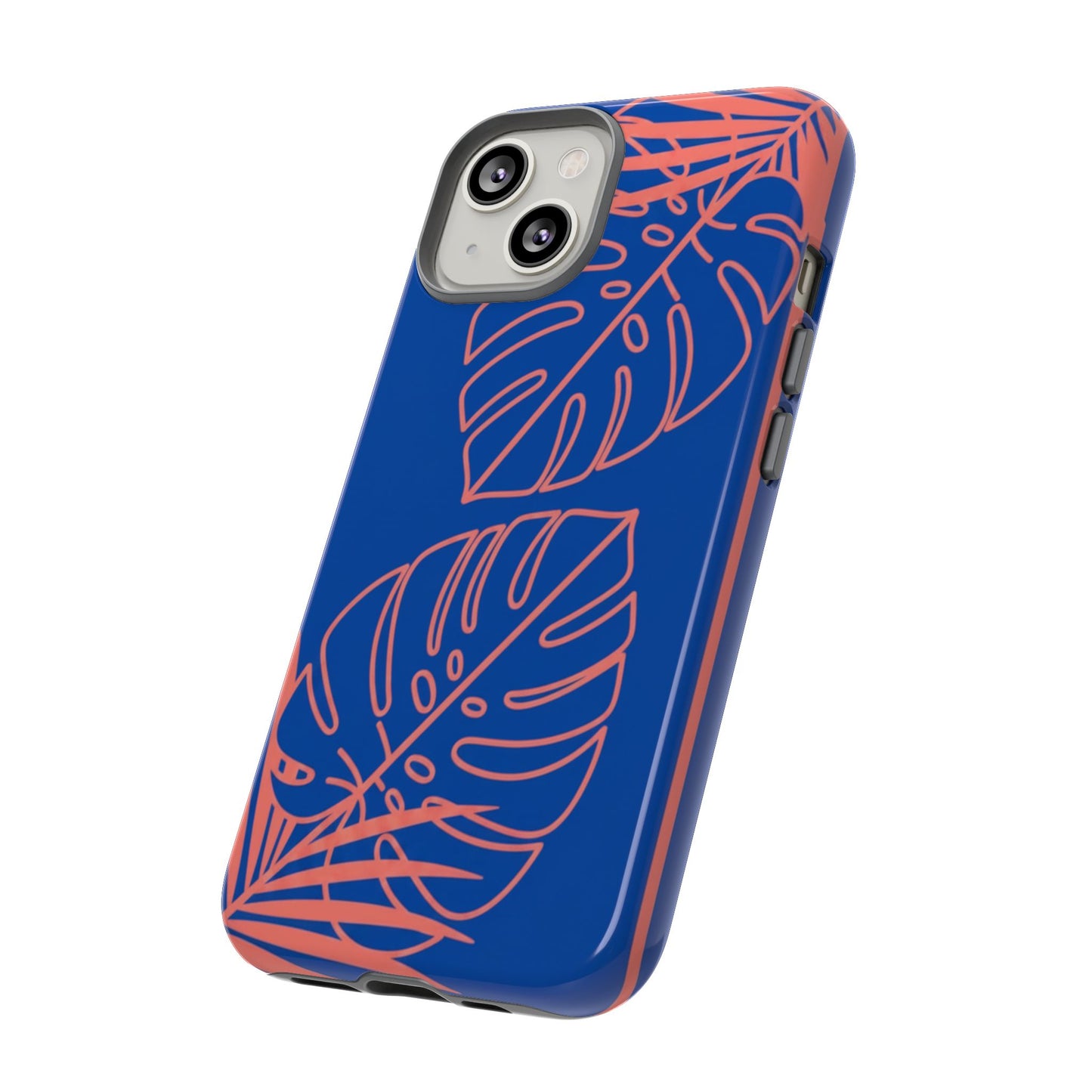 Tropical Monstera Phone Case — Blue & Coral Leaf Protective Cover