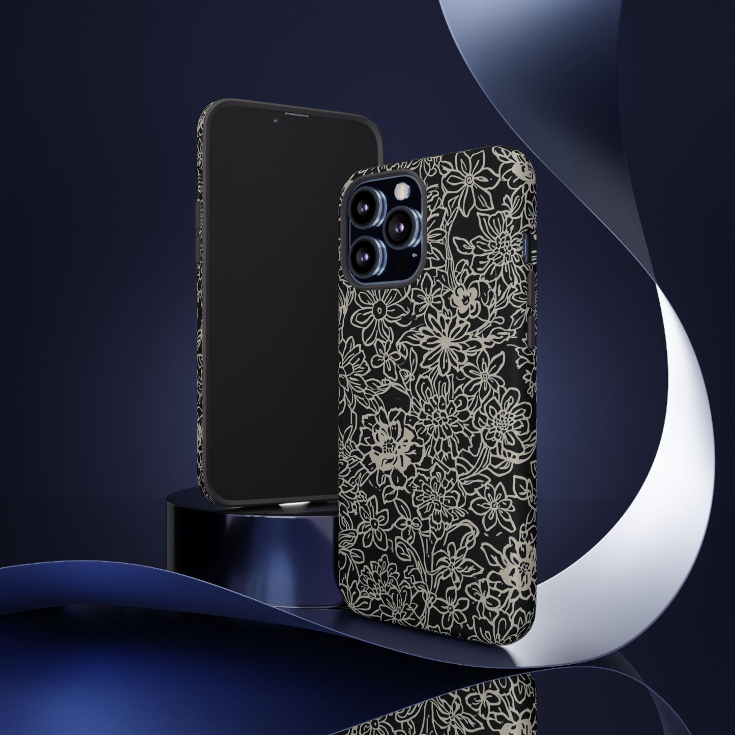 Floral Doodle Tough Phone Case — Black & White Sketch Flower Protective Cover