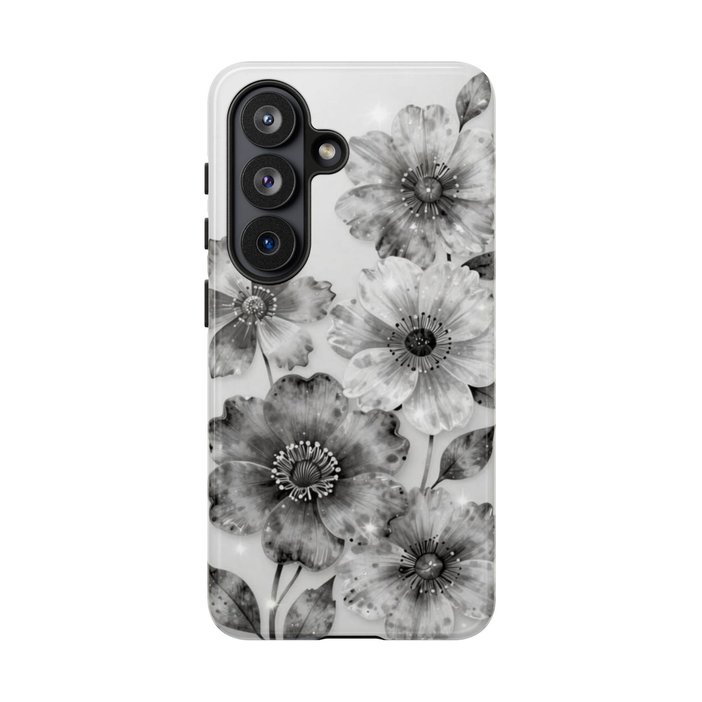Floral Monochrome Tough Phone Case — Black & White Watercolor Flowers Protective Cover