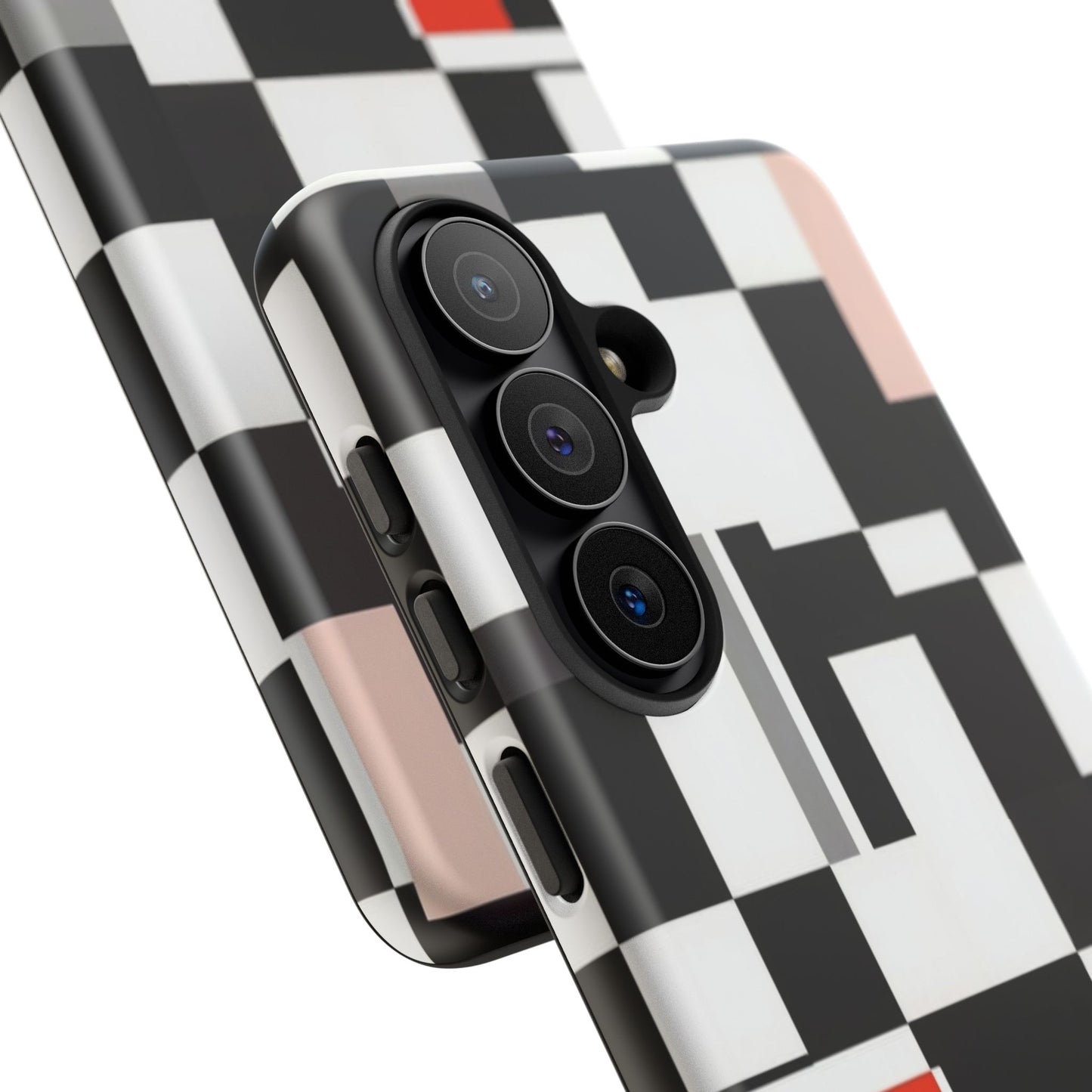 Abstract Geometric Phone Case – Black & White Checker Grid with Red Accent