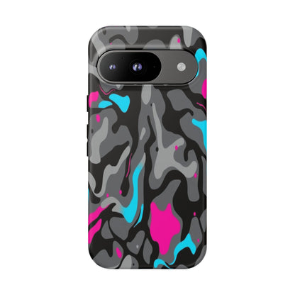Camouflage Phone Case — Gray Camo with Neon Pink & Cyan Accent Tough Protective Cover