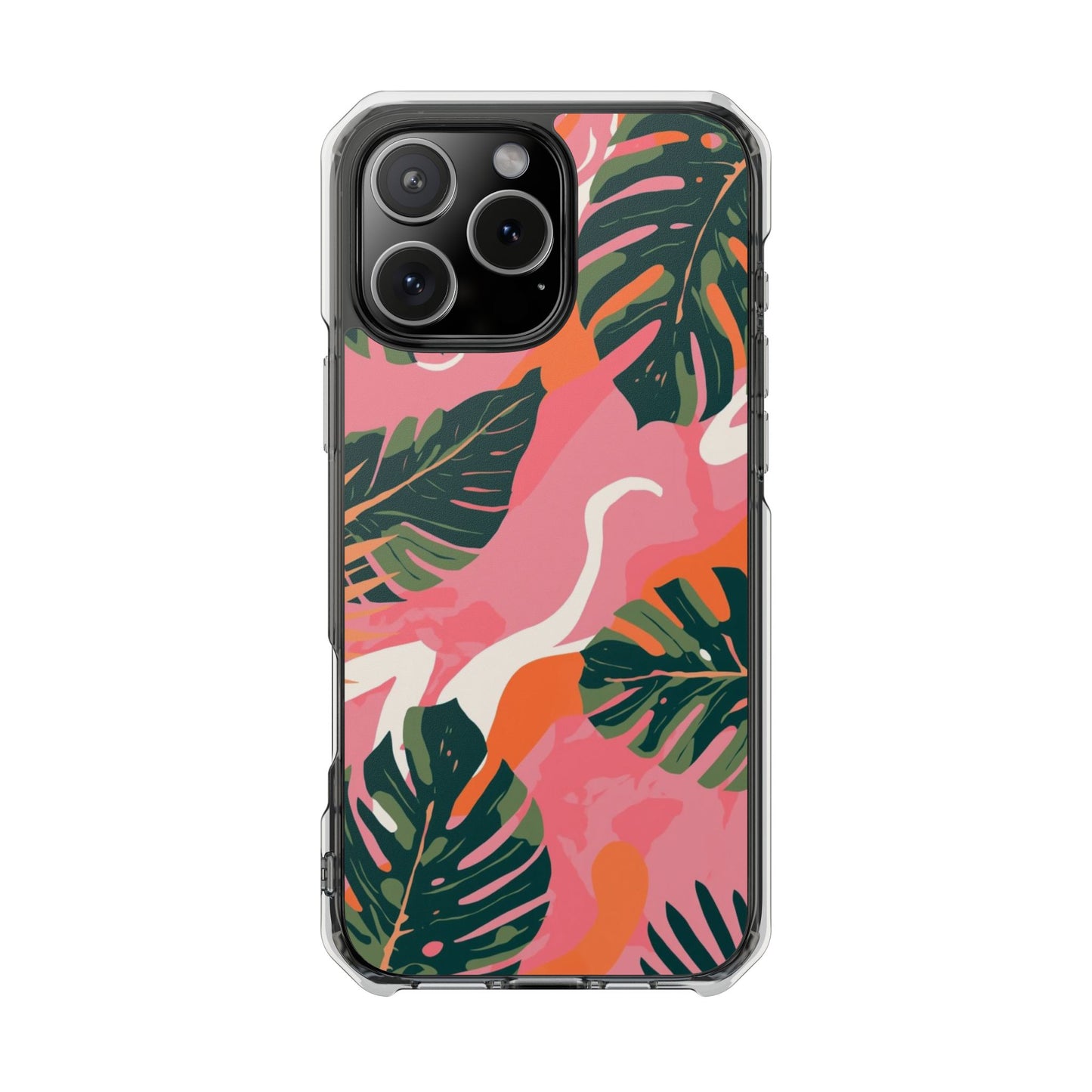 Clear Magnetic Phone Case — Tropical Pink Monstera Design