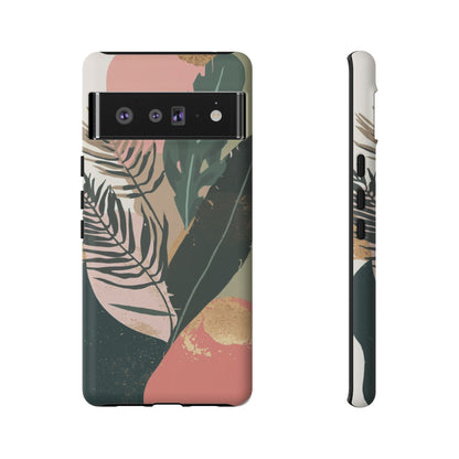 Tropical Leaf Tough Phone Case — Abstract Pink & Green Botanical Protective Cover