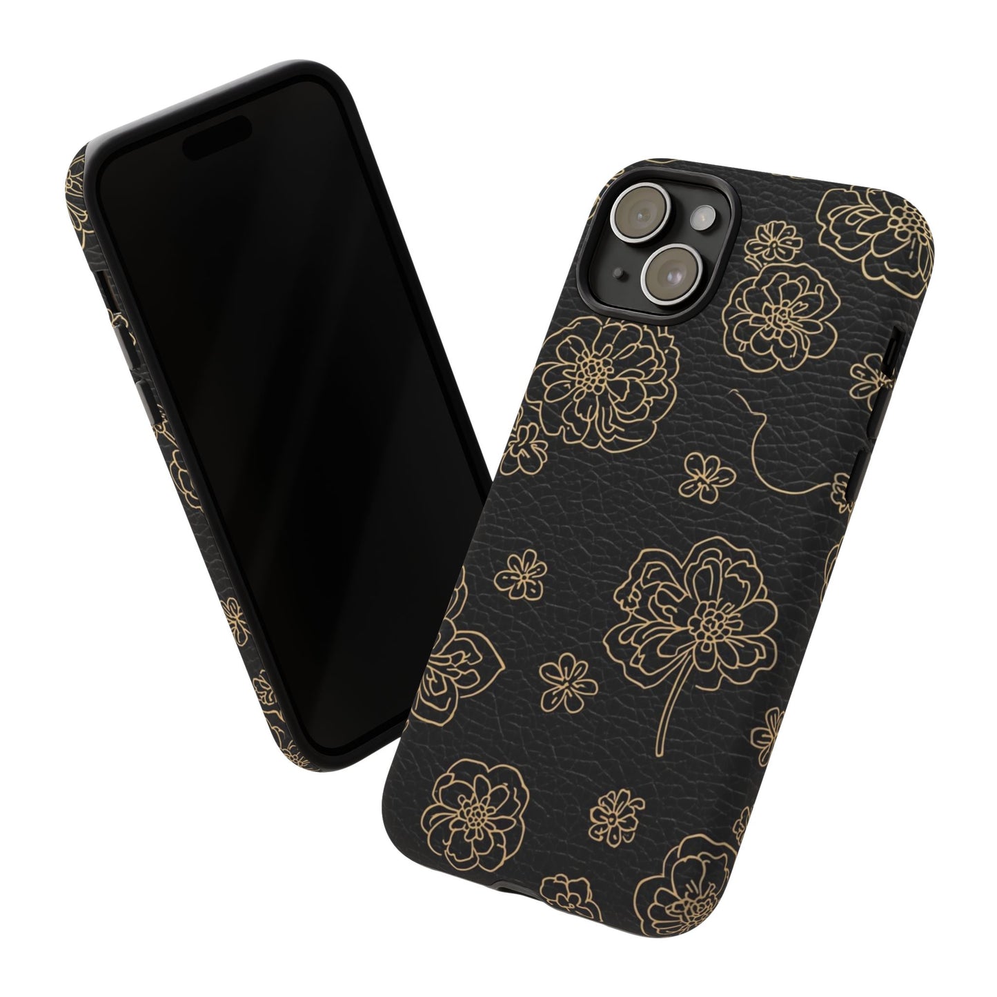 Floral Leather-Texture Tough Case – Black Gold Outline Phone Cover