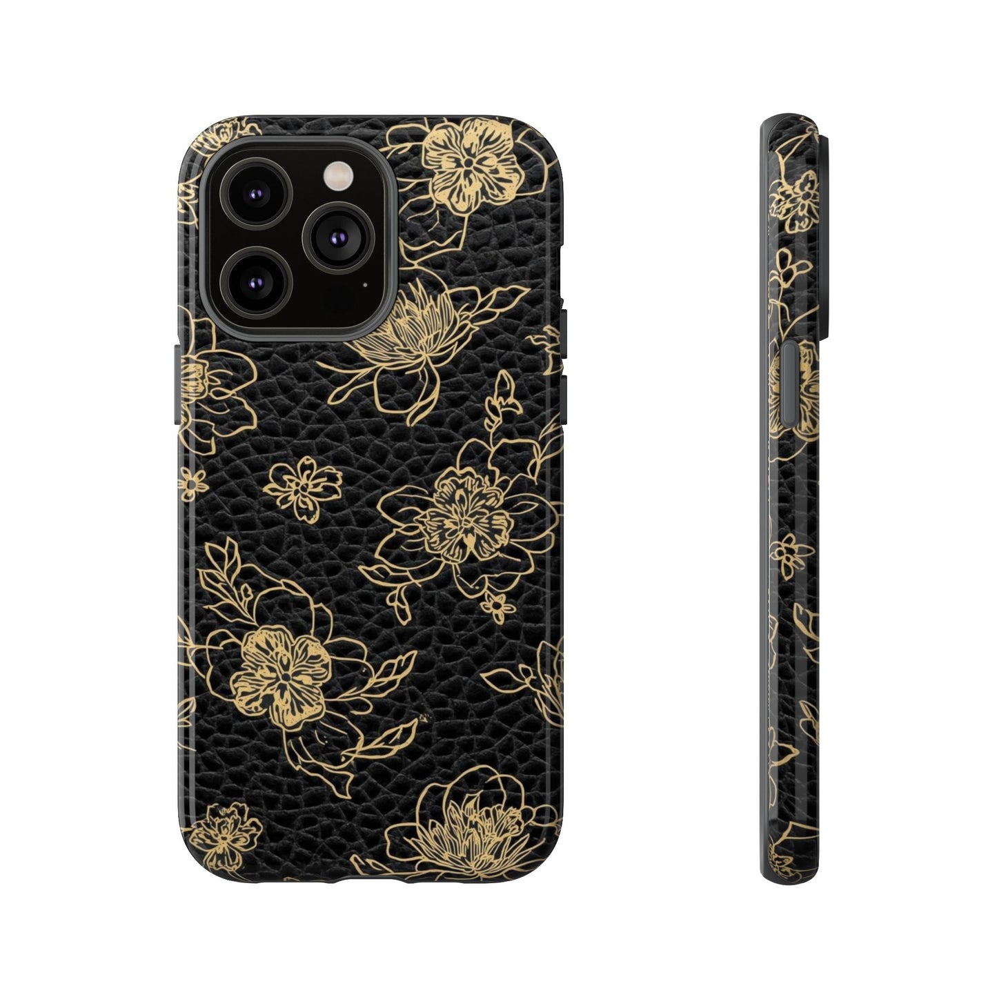 Floral Leather Phone Case — Gold Outline Flowers on Black Tough Case
