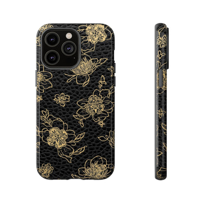 Floral Leather Phone Case — Gold Outline Flowers on Black Tough Case
