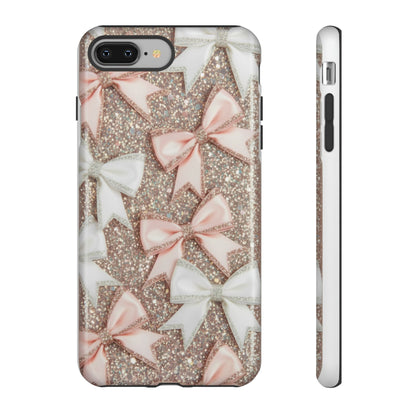 Glitter Bow Tough Phone Case — Pink & White Ribbon Protective Cover