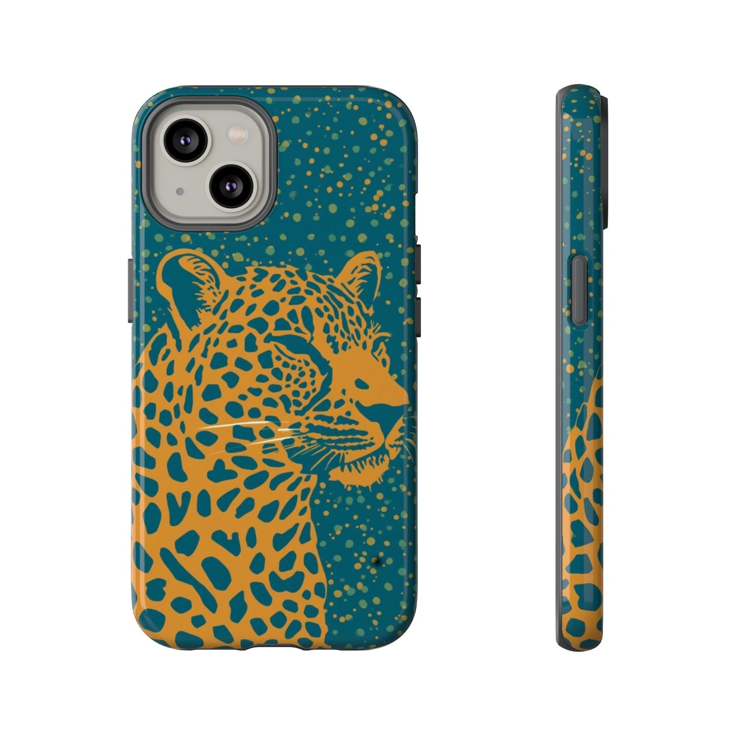 Leopard Print Tough Phone Case — Gold Panther on Teal, Protective iPhone Cover