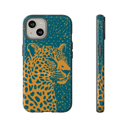 Leopard Print Tough Phone Case — Gold Panther on Teal, Protective iPhone Cover