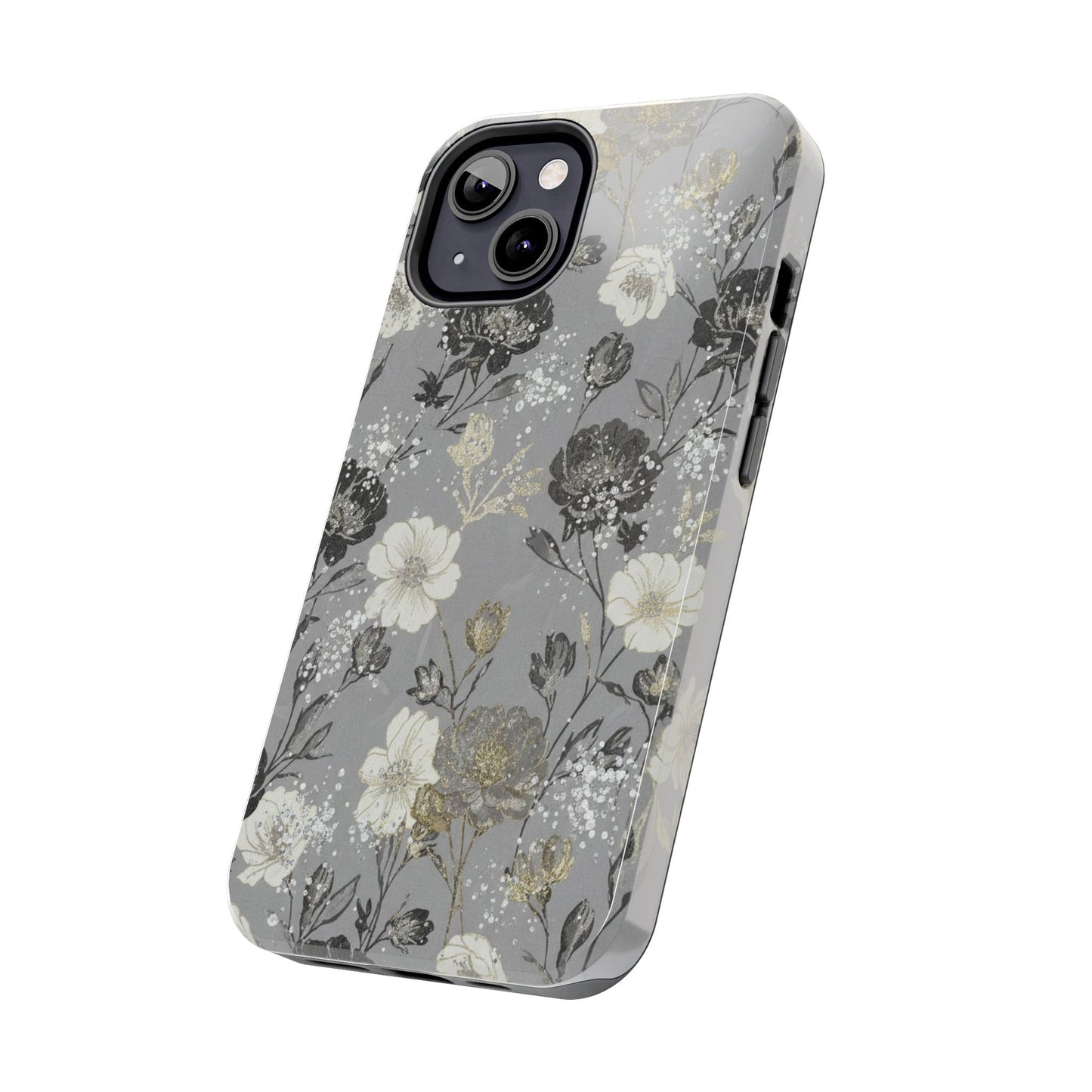 Floral Gray Tough Phone Case — Elegant Protective Phone Cover with Gold Accent