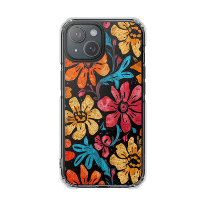 Clear Magnetic Phone Case — Retro Floral Pattern (Impact-Resistant)
