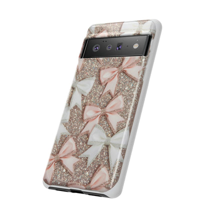 Glitter Bow Tough Phone Case — Pink & White Ribbon Protective Cover