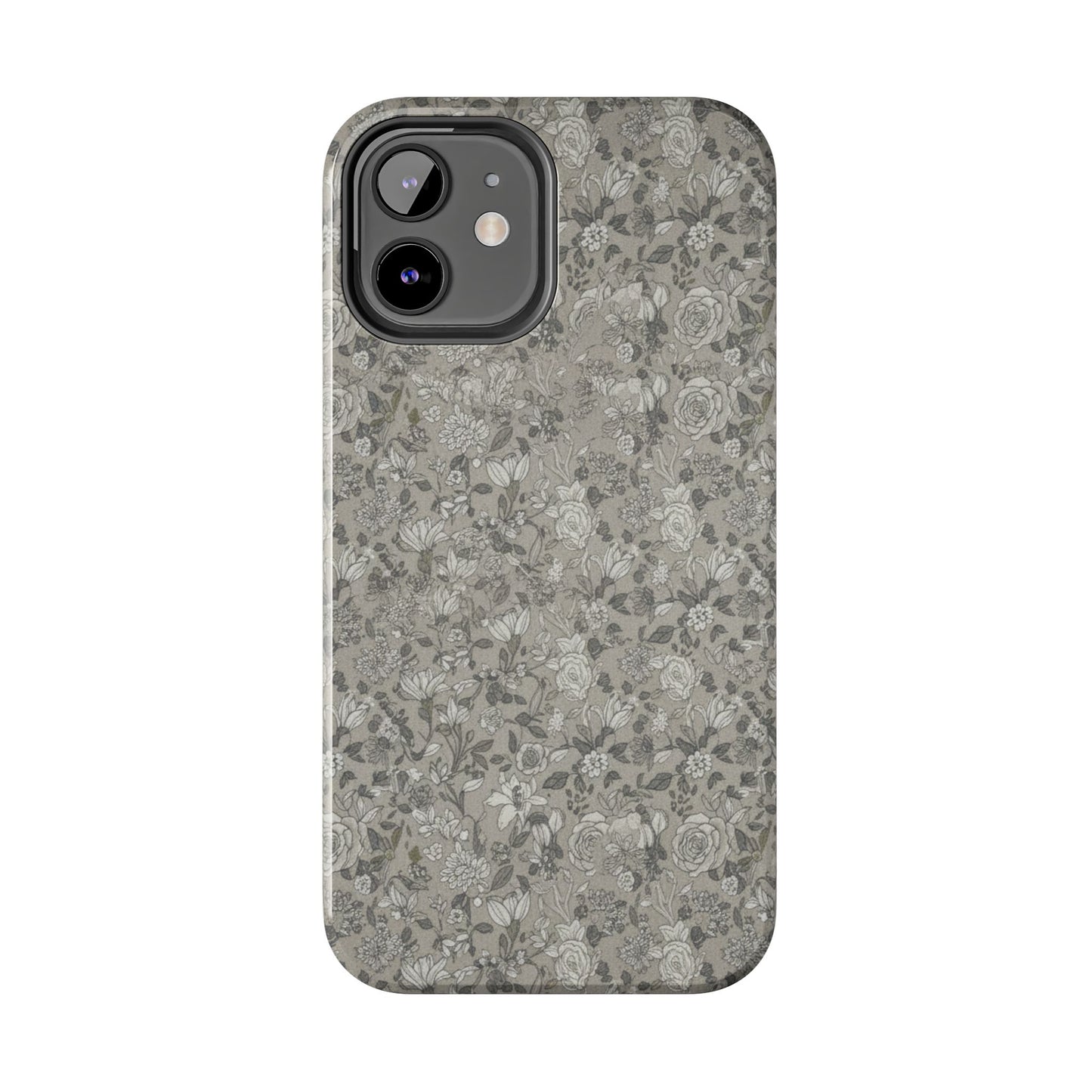 Gray Floral Tough Phone Case — Durable Protective Phone Cover with Vintage Botanical Pattern