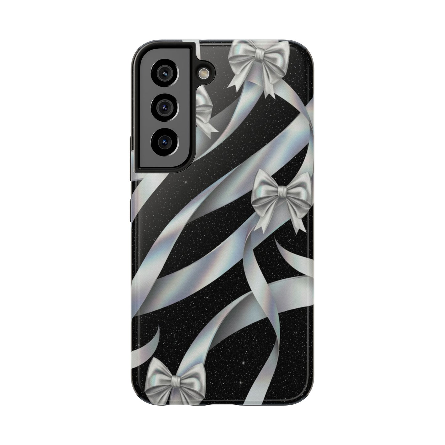 Silver Ribbon Bow Tough Phone Case — Glitter Black Protective Phone Case