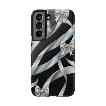 Silver Ribbon Bow Tough Phone Case — Glitter Black Protective Phone Case