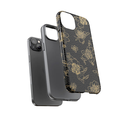 Floral Leather Phone Case — Gold Outline Flowers on Black Tough Case