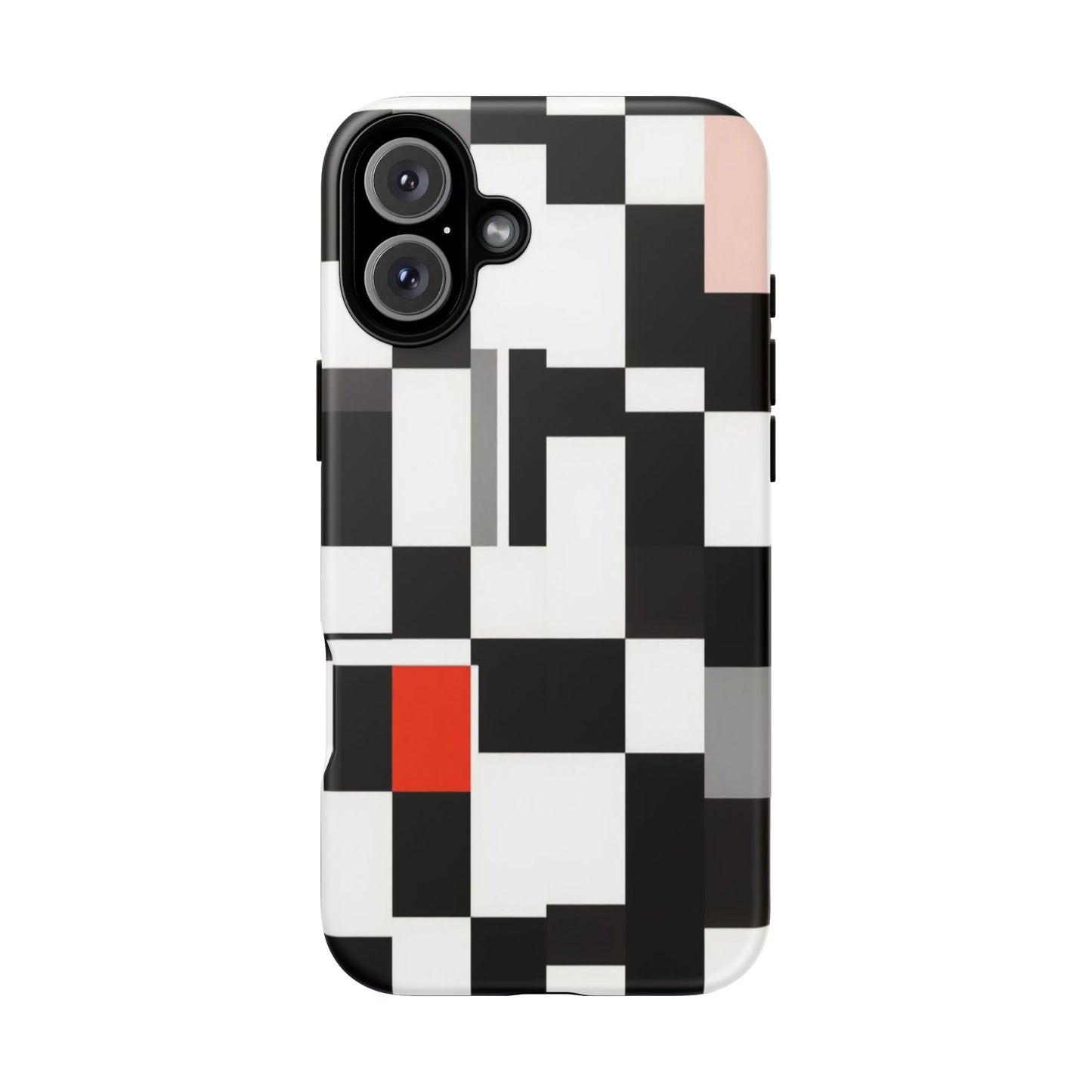 Abstract Geometric Phone Case – Black & White Checker Grid with Red Accent