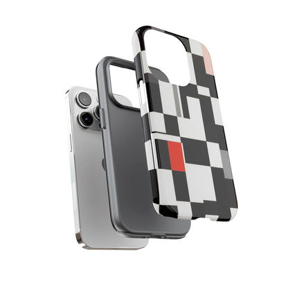 Abstract Geometric Phone Case – Black & White Checker Grid with Red Accent