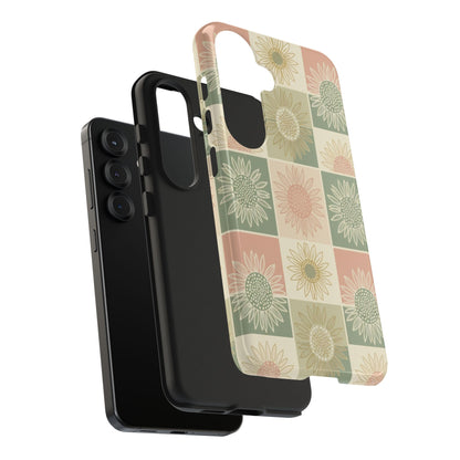 Sunflower Check iPhone Tough Phone Case — Retro Pastel Floral Protective Cover