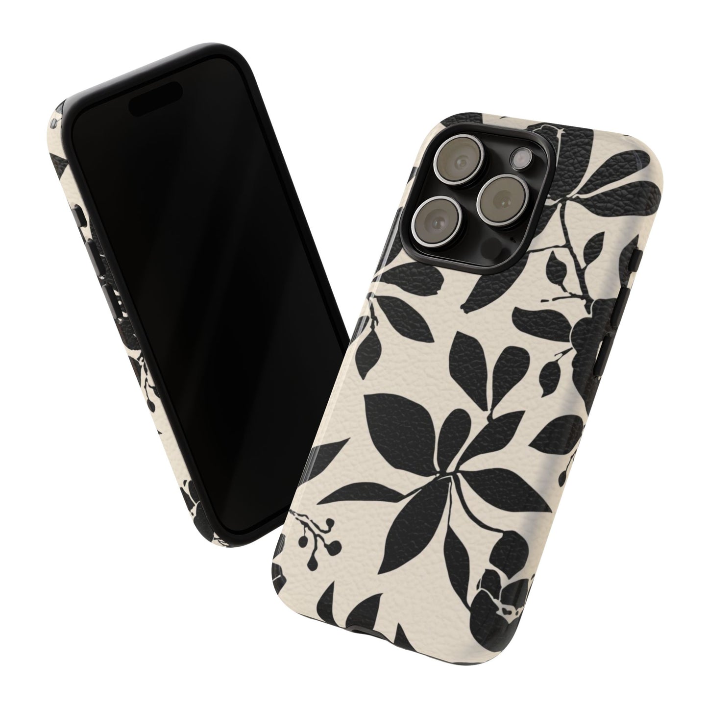 Black Floral Pattern Phone Case — Monochrome Botanical Tough Case