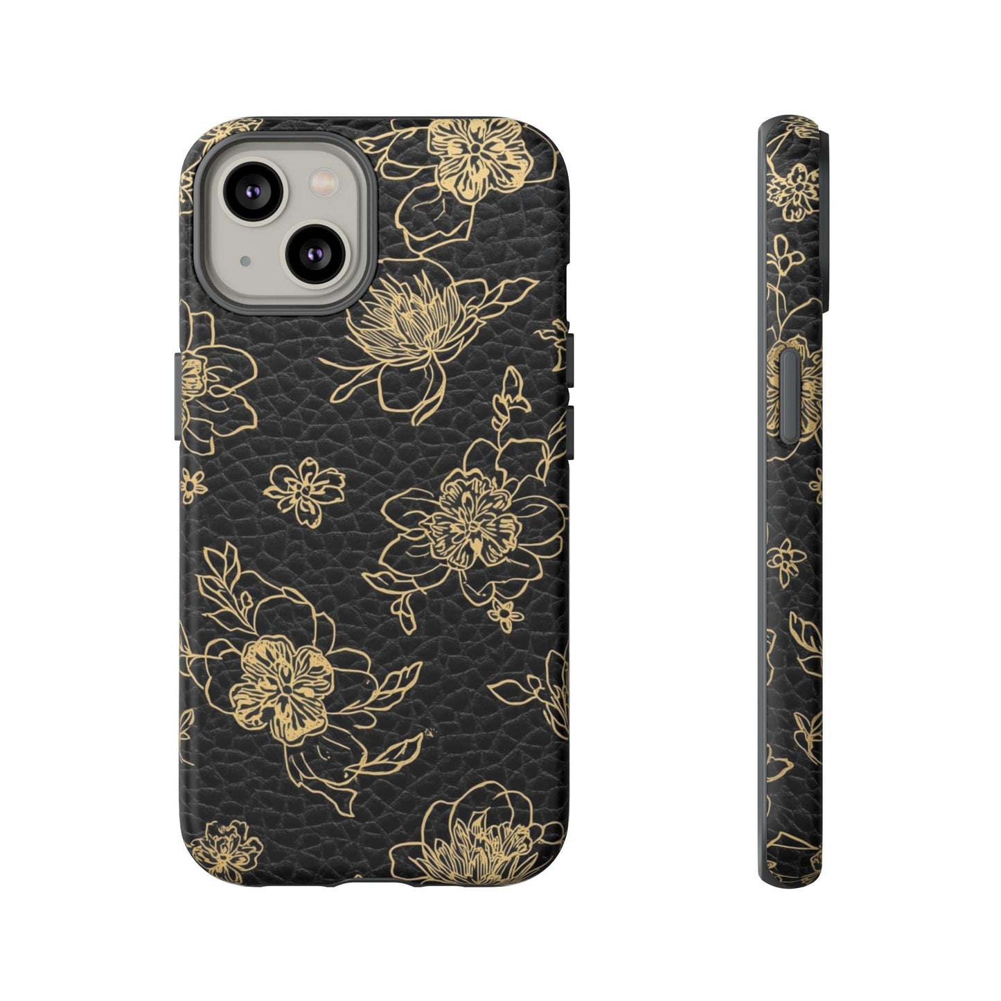 Floral Leather Phone Case — Gold Outline Flowers on Black Tough Case
