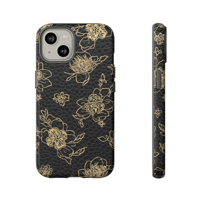 Floral Leather Phone Case — Gold Outline Flowers on Black Tough Case