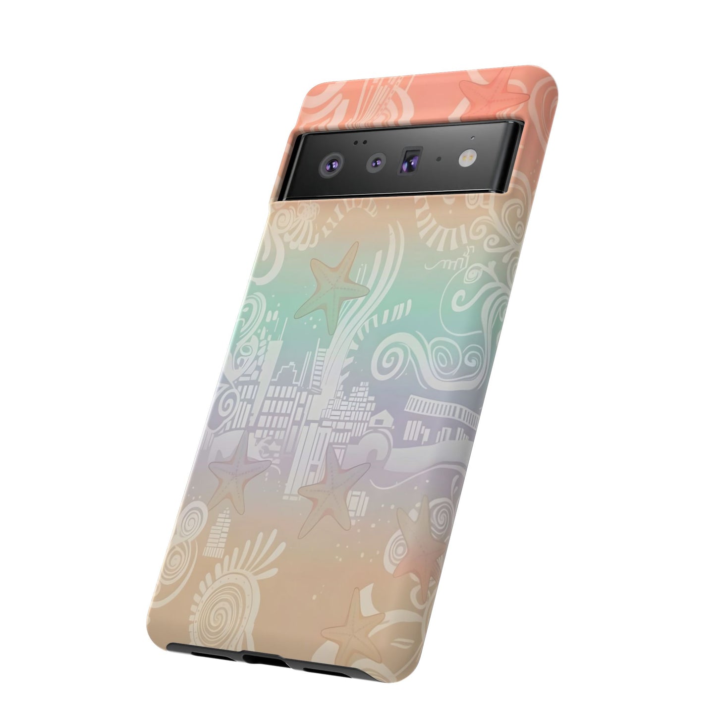 Tough Cases: Pastel Beach Pattern Phone Case — Starfish & Coastal Cityscape Protective Cover