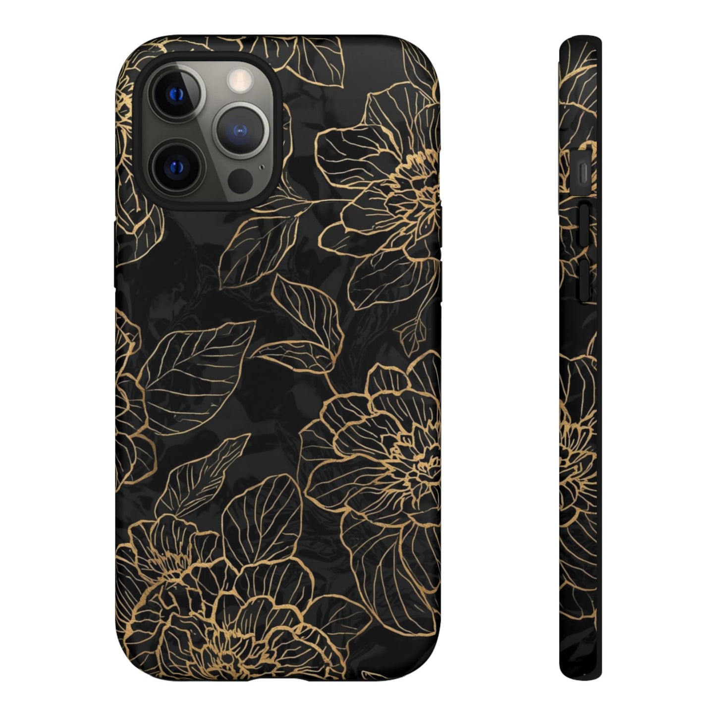 Floral Gold Outline Tough Phone Case – Black Botanical Protective Cover