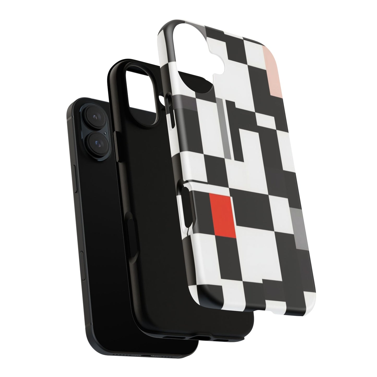 Abstract Geometric Phone Case – Black & White Checker Grid with Red Accent
