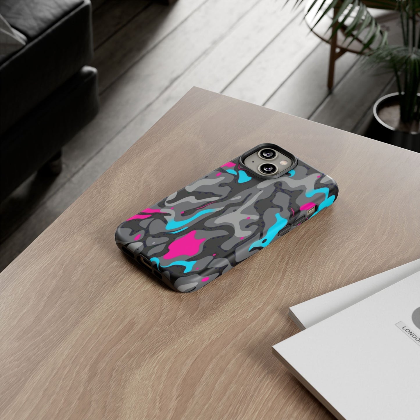 Camouflage Phone Case — Gray Camo with Neon Pink & Cyan Accent Tough Protective Cover