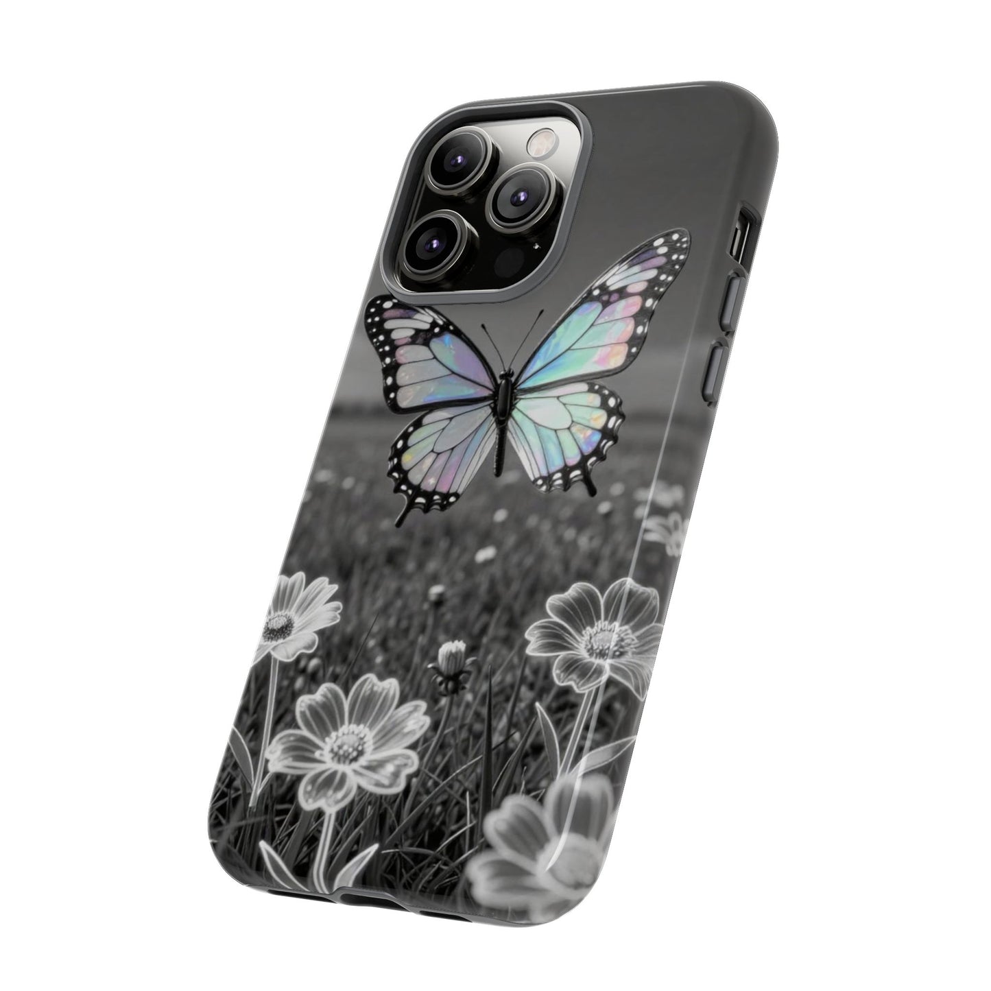 Butterfly Field Tough Phone Case — Pastel Holographic Butterfly on Black & White Floral Background