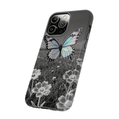 Butterfly Field Tough Phone Case — Pastel Holographic Butterfly on Black & White Floral Background
