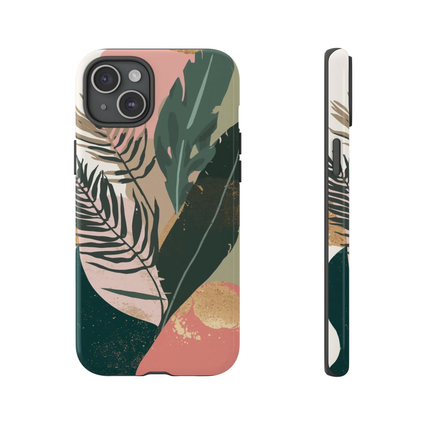 Tropical Leaf Tough Phone Case — Abstract Pink & Green Botanical Protective Cover
